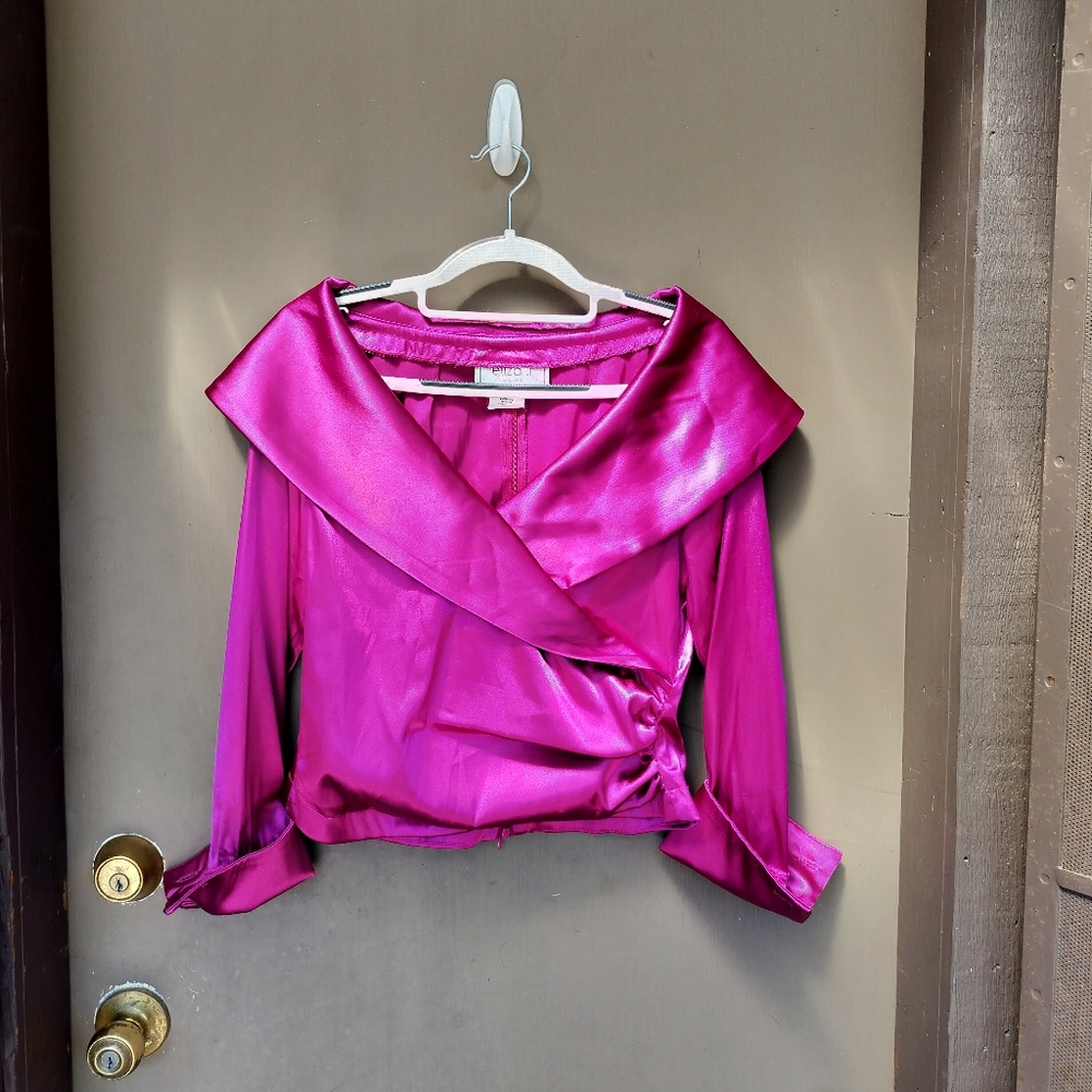 Vintage Eliza J Fuchsia Pink Faux Wrap Satin‎ Wide Collar Blouse 3/4 Sleeve Top